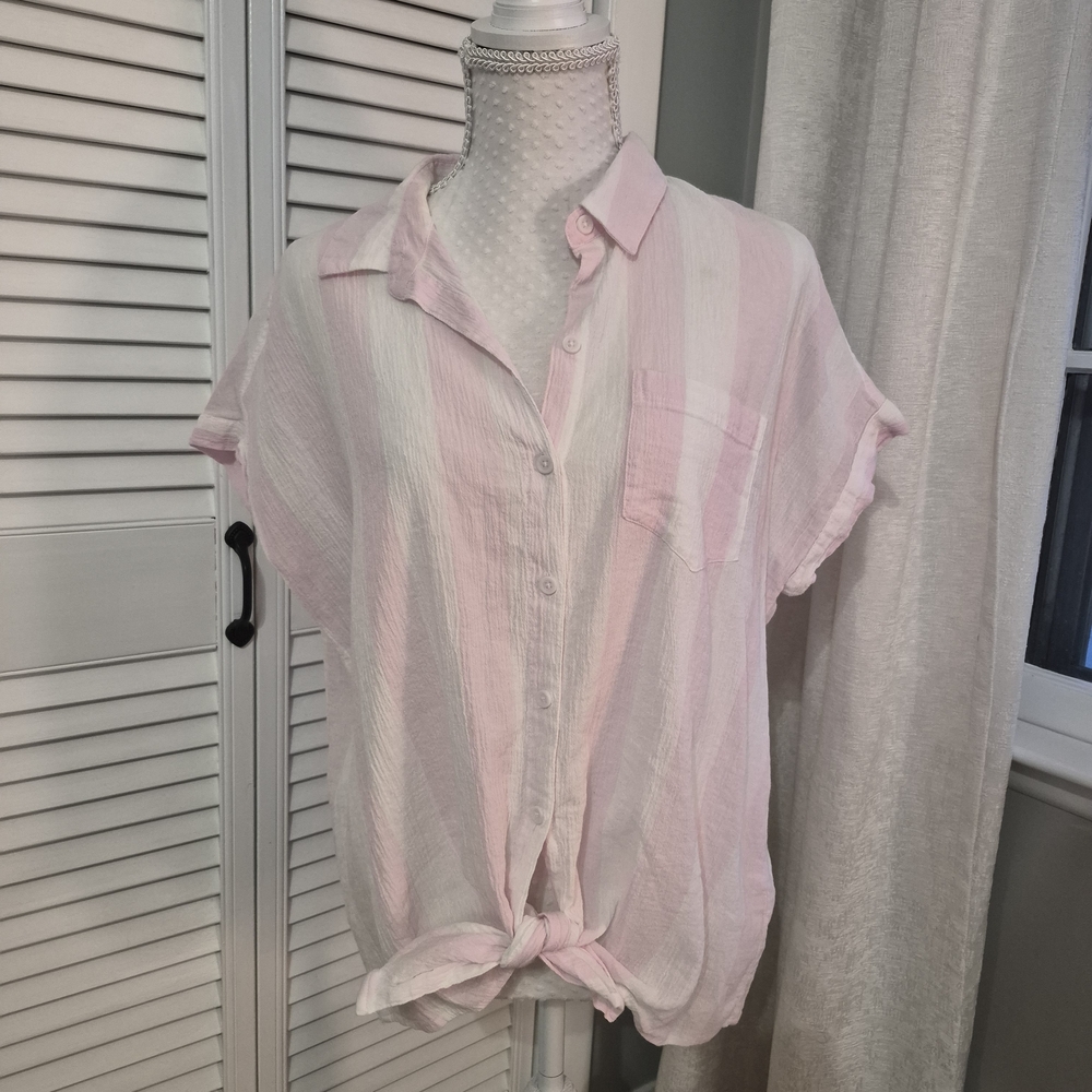 beachlunchlounge Light Pink and White Button Down Shirt